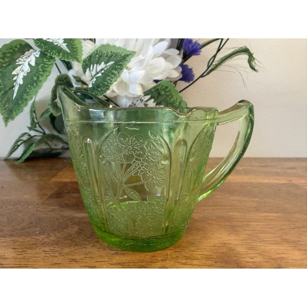 Jeannette Cherry‎ Blossom Uranium Glass Creamer Green Depression Glass Floral